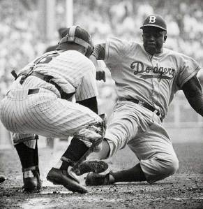Jackie Robinson, stealing home.